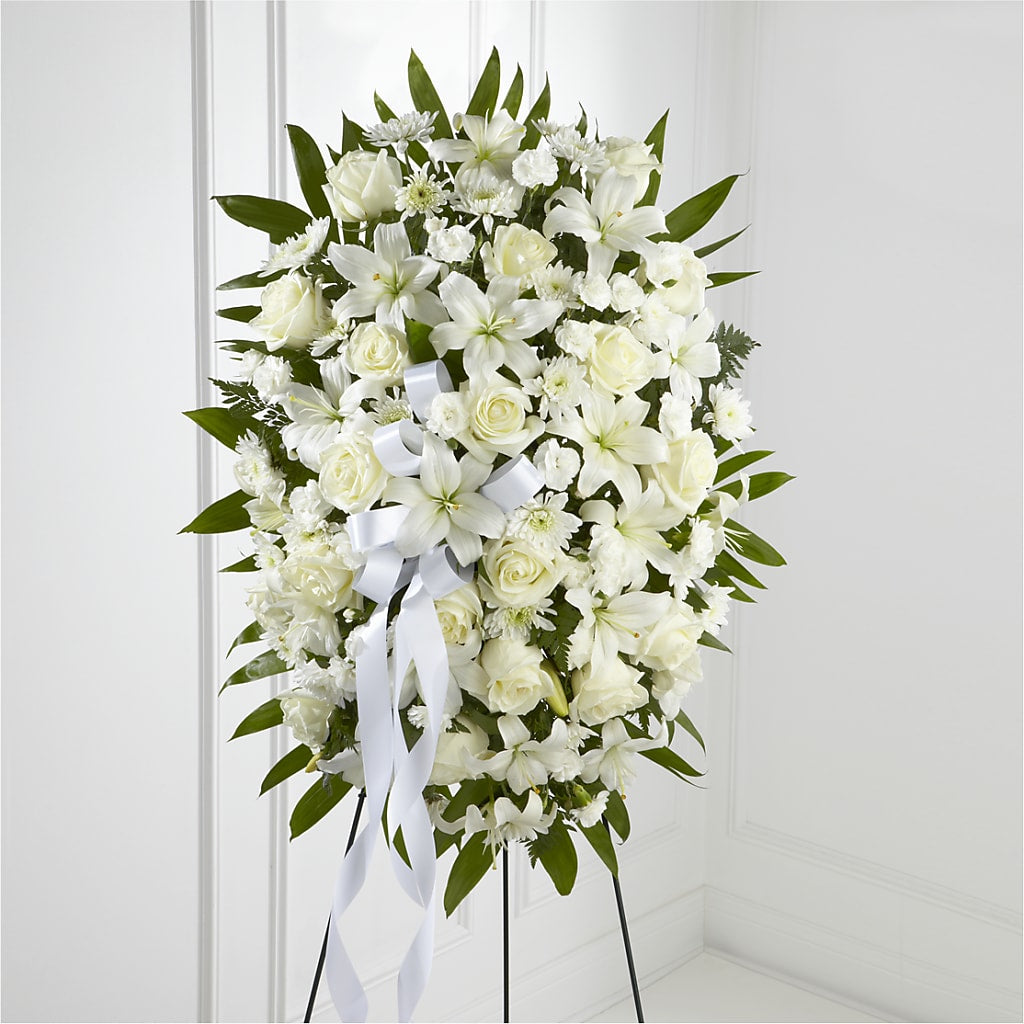 Exquisite Tribute Standing Spray-White Ribbon – Flowersdirect.net, Tontitown AR