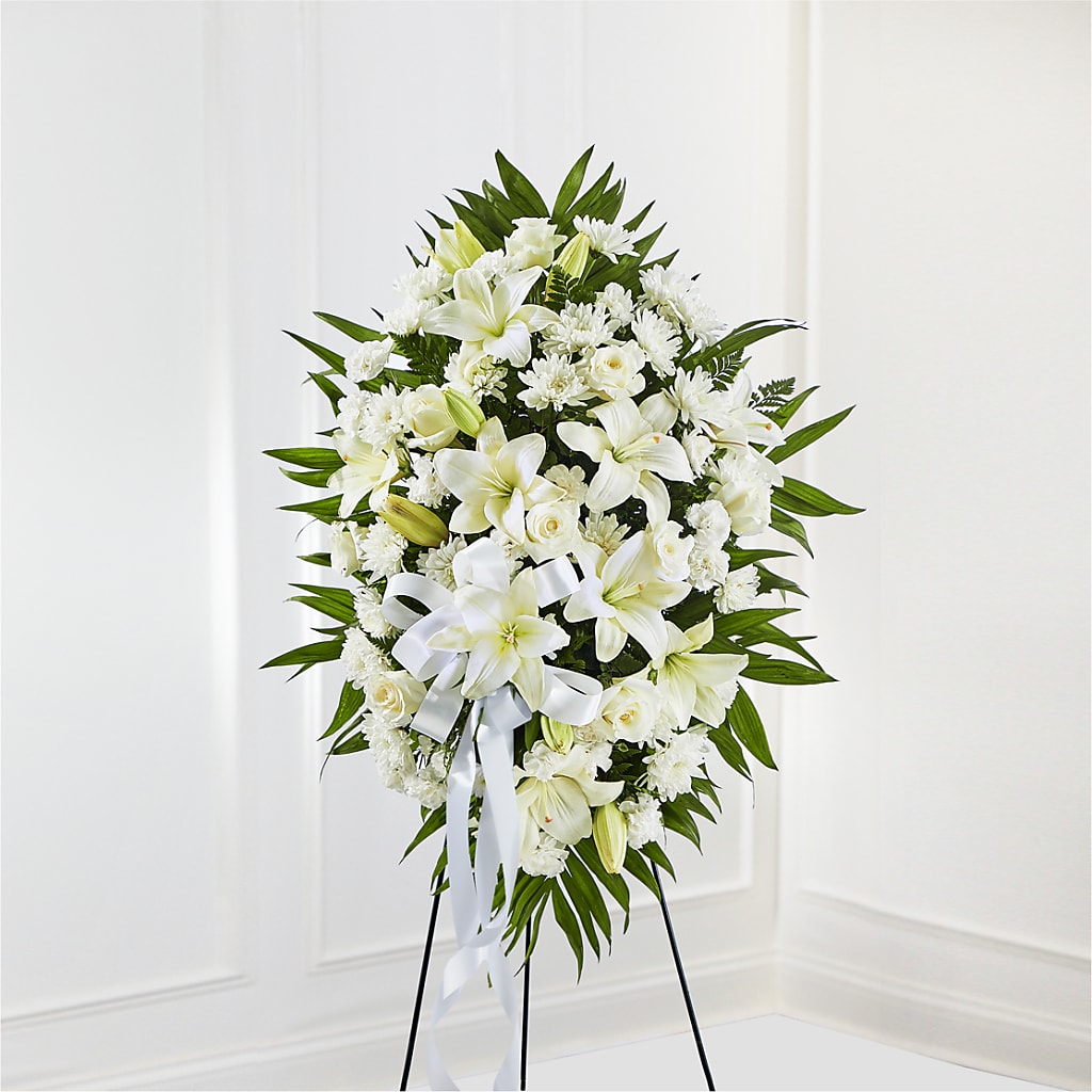 Exquisite Tribute Standing Spray-White Ribbon – Flowersdirect.net, Tontitown AR